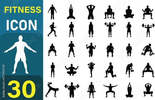 Collection of 30 silhouette fitness icons representing various exercises and sports activities