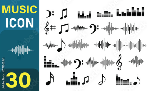 Collection of music icons and sound wave graphics for audio and melody design