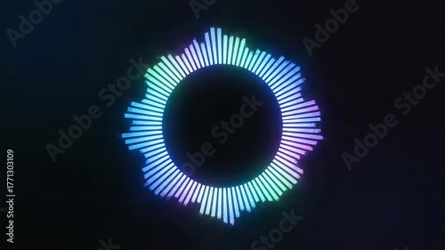 Vibrant circular sound wave equalizer glows on dark background, representing audio or music