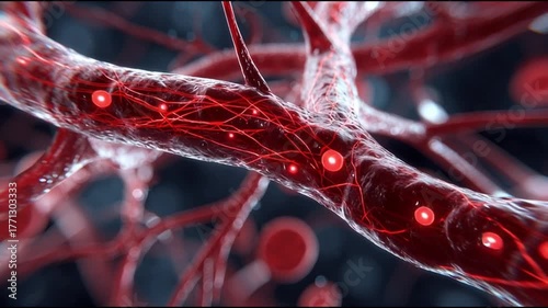 Vascular damage artery medicine. Inflammation disease. Cholesterol. Plaque medicine. Ischemia. Close-up of red vascular structures illustrating blood flow.