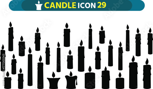 Collection of various black candle silhouettes with flickering flames on a white background