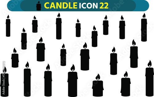 Collection of silhouette candle icons with flames burning brightly on a white background
