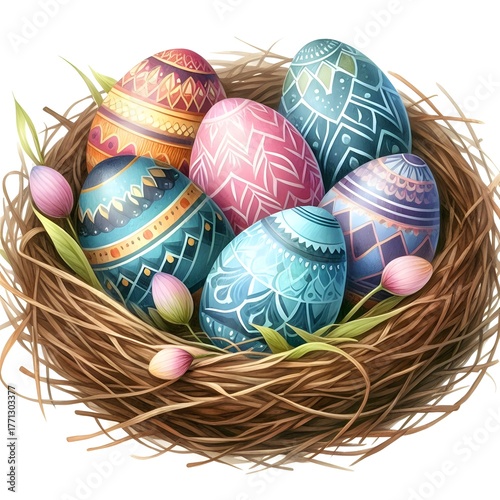 Colorful easter eggs in nest isolated on white background, watercolor illustration 