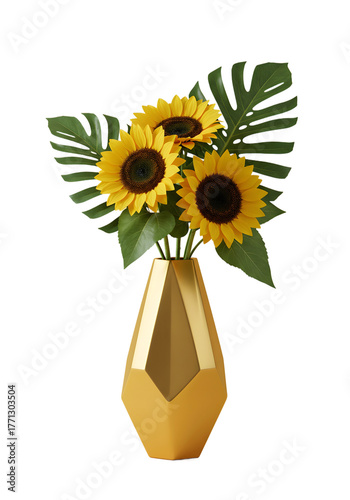 Modern Golden Vase with Sunflowers and Monstera Leaves png clear alpha channel cutout isolated on transparent background