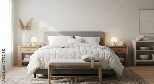 A serene Japandi bedroom featuring a grey upholstered bed and white quilted bedding, complemented by oak nightstands, a woven ottoman bench, and neutral accents, all bathed in soft morning light