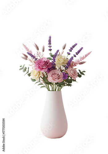 Soft Pink and Cream Roses with Lavender and Eucalyptus in White Vase png clear alpha channel cutout isolated on transparent background