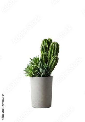 Succulent and Cactus Arrangement in Concrete Pot on Gradient Green Background png clear alpha channel cutout isolated on transparent background