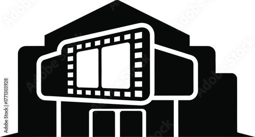 Silhouette of a movie theater building with a film reel sign in black and white