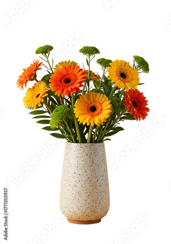 Vibrant Gerbera Daisy and Chrysanthemum Flower Arrangement in Speckled Vase png clear alpha channel cutout isolated on transparent background
