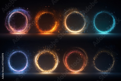 Eight glowing, sparkling circle portals in various colors on a dark background. Use this magical element to add wonder and flair to your next fantasy project.