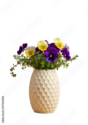 Vibrant Pansies in a Decorative Hexagonal Vase png clear alpha channel cutout isolated on transparent background
