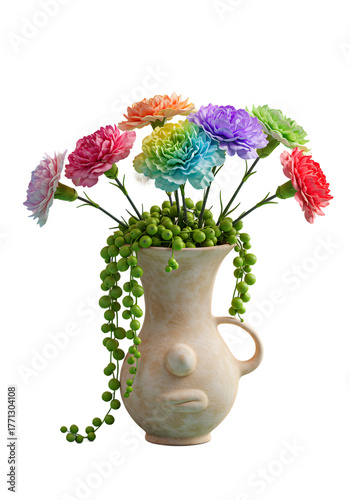 Vibrant Rainbow Carnations in Unique Face Vase with Trailing Succulent png clear alpha channel cutout isolated on transparent background