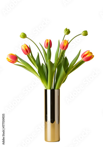 Vibrant Red and Yellow Tulips in a Sleek Gold Vase - Studio Shot png clear alpha channel cutout isolated on transparent background