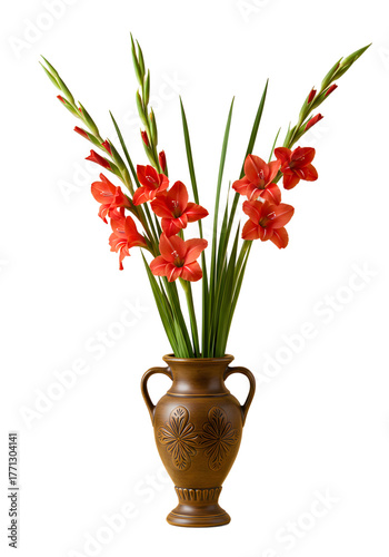 Vibrant Red Gladiolus Flowers in an Antique Vase png clear alpha channel cutout isolated on transparent background