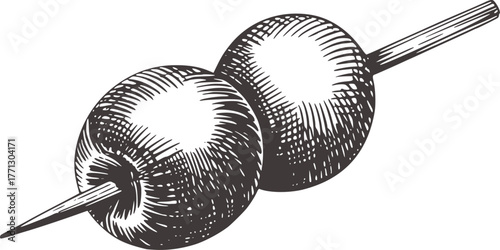 Two dark olives on a skewer ink sketch food black and white