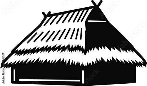 Simple black and white illustration of a traditional thatched roof hut or house