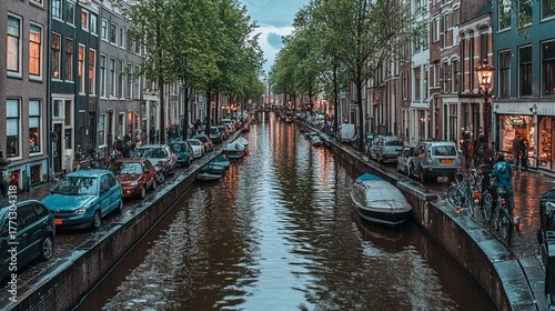 Picturesque canal view in Amsterdam showcasing historic buildings and urban life