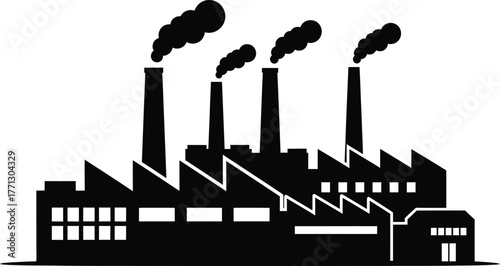 Industrial factory silhouette with smoke stacks emitting pollution into the air