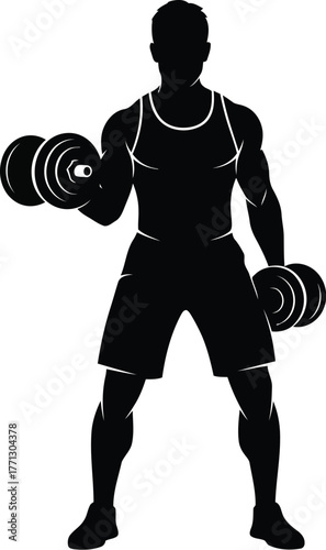 Silhouette of muscular man lifting dumbbells in a gym for fitness and health