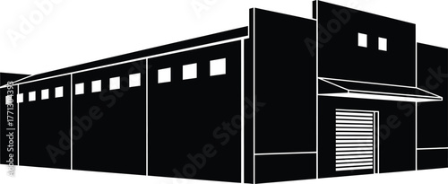 Silhouette of a modern warehouse building with loading docks and office space