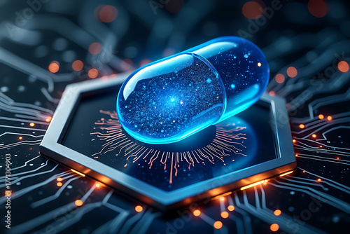Encapsulated Medicine Pill Futuristic Digital Tech Illustration