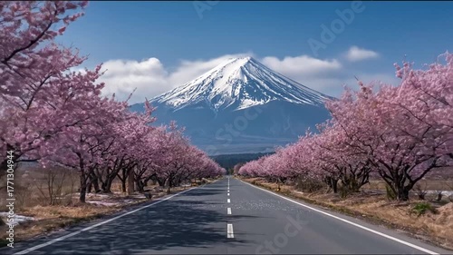 Road leading towards mountain with cherry blossoms in full bloom