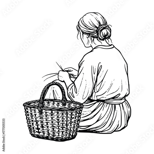 Woman Knitting with Woven Basket – Black and White Line Art Illustration

