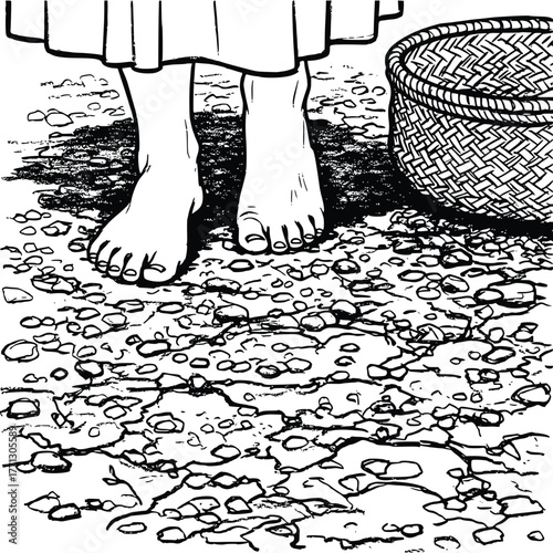 Bare Feet on Pebble Ground with Woven Basket – Black and White Line Art Illustration


