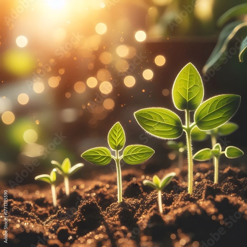 Young plant seedlings at various stages of growth, with warm sunlight shining