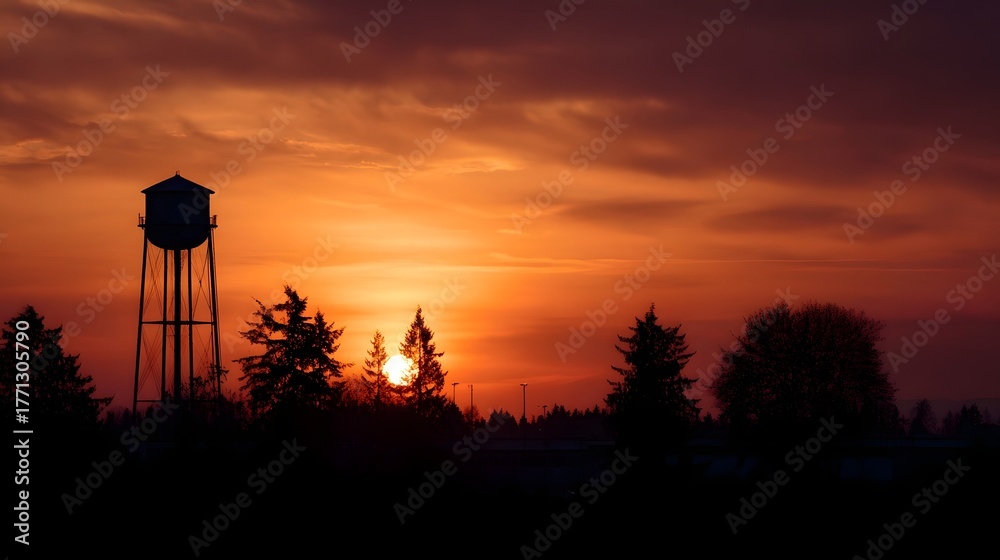 Fototapeta premium Dramatic sunset over a rural landscape with a silhouetted industrial water tower and trees