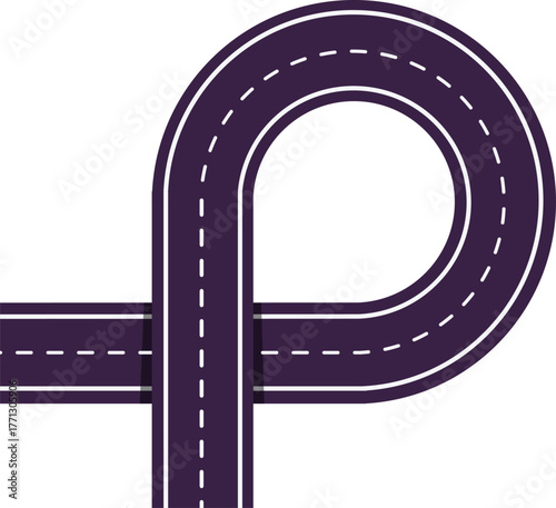 Empty asphalt road round fork with dividing lines top view, vector highway from above, road markings with dotted lines