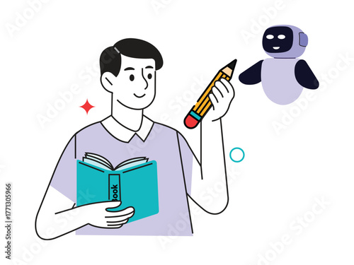 Young student engages in creative learning with a friendly robot companion and study materials vector
