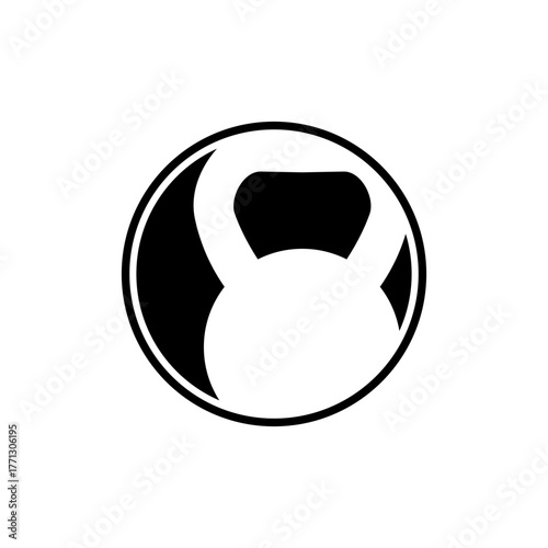 Black and white graphic illustration of a kettlebell inside a circular frame, symbolizing strength and fitness.
