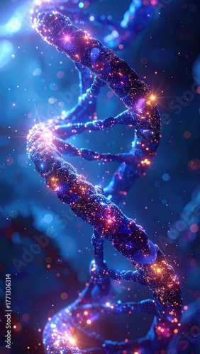 Glowing double helix structure floating against a soft blue background