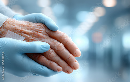 Healthcare professional in blue gloves gently holding elderly person's hands, symbolizing compassion and care in a medical environment, conveying emotional connection and support