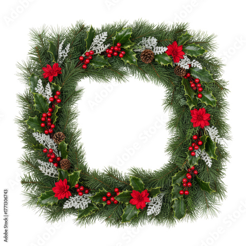 Wallpaper Mural Festive evergreen square shaped wreath with vivid crimson floral accents and cones Torontodigital.ca