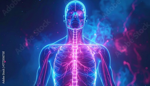 Illuminated human body with veins and organs, surrounded by energy