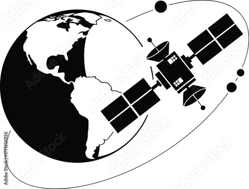 Black and white graphic of satellite orbiting Earth
