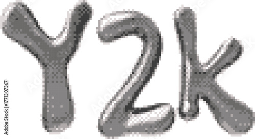 3D glossy silver capital letters Y2K melted metal surface vector pixel art, retro Y2K font type flux steel alloy design
