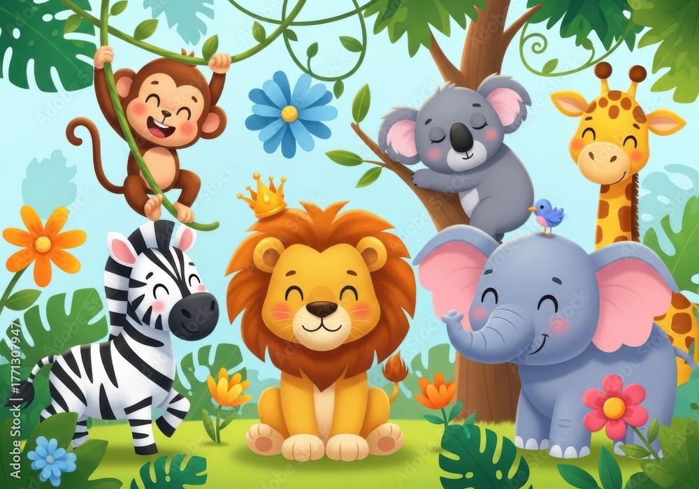 Naklejka premium Cute jungle animals playing together in a lush green forest scene cheerful wildlife cartoon