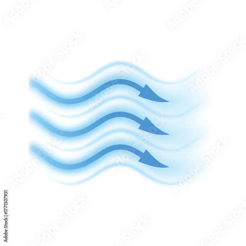 Air flow, wavy blue arrows showing wind direction of air movement, vector cold fresh stream, blurred air flow movement