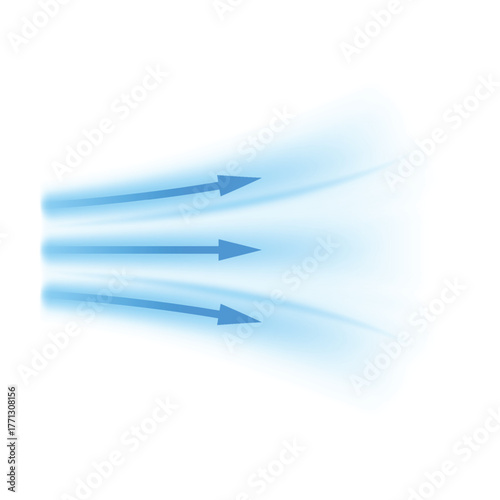 Air flow, blue arrows showing wind direction of air movement, vector cold fresh stream dynamic blurred air flow movement