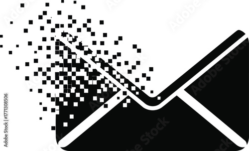 Black envelope dissolving into black squares on white background