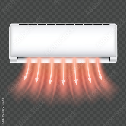 Hot air flow stream with red arrows from air conditioner, vector electronic appliance for heat temperature and climate