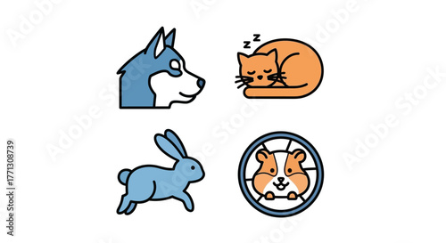Cute dog, sleeping cat, running rabbit, and hamster in wheel pet icons for adoption campaigns or animal care marketing, bright and cheerful design
