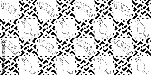 Art Deco Geometric and Cats Design Pattern for Seamless Transparent Background Template