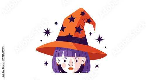 Cute Whimsical Witch Head with Starry Orange Hat Illustration