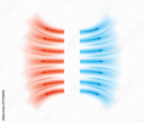 Red and blue arrows, airflow, cooling, and heating. Ventilation, air circulation.