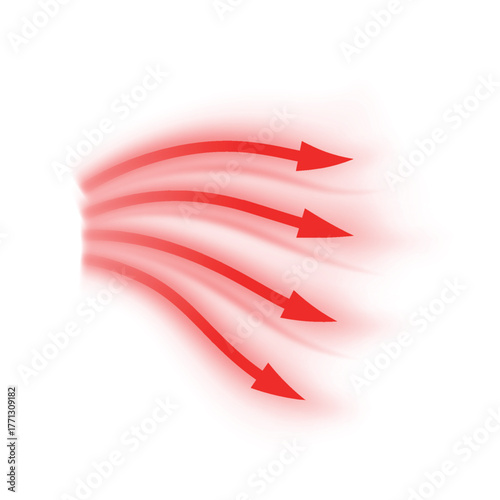 Hot air flow, wave red arrows showing wind direction of air movement, vector curve warm stream motion from an air heater