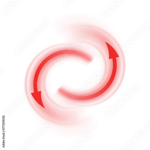 Air flow, two red arrows showing wind direction of swirl air movement, vector hot stream round circulation arrows